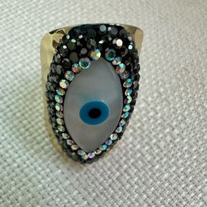 Evil Eye 14k plated wide band marquis stones adjustable ring